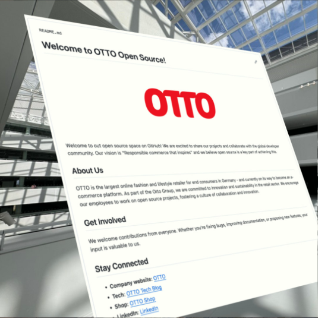 Screenshot des Github-Profils "otto_de", der vor einem Hintergrundbild aufgeführt ist, was das OTTO Headquarter von Innen zeigt