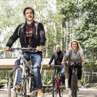 Mehrere Kollegen und Kolleginnen fahren gemeinsam Fahrrad durch einen Wald.
