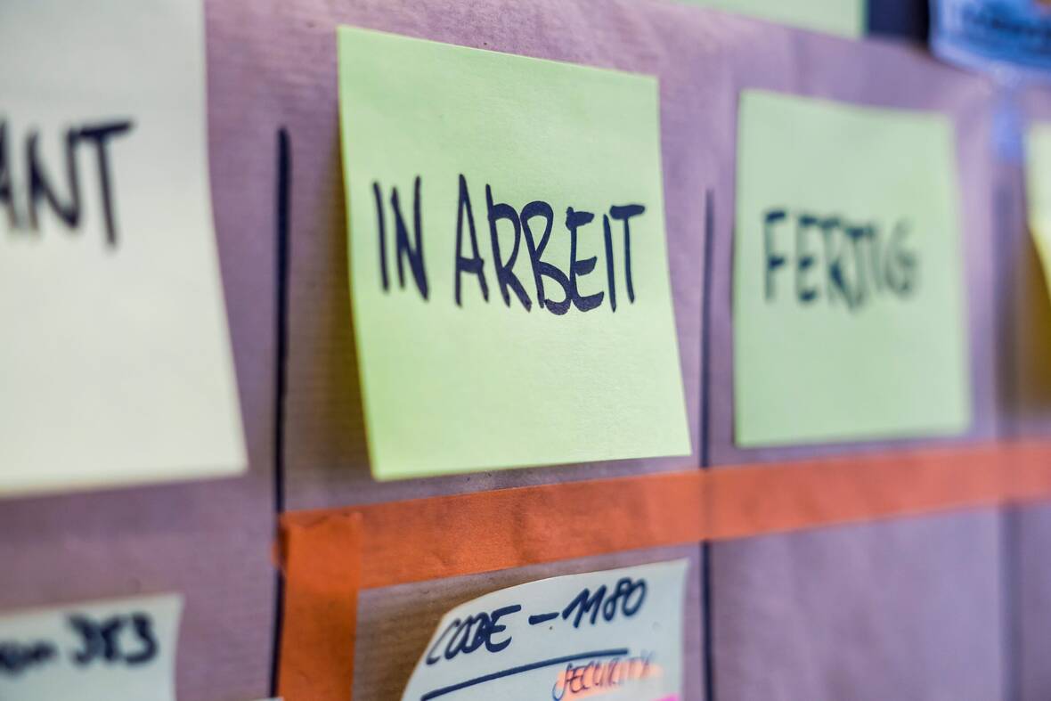 Mehrere Haftnotizzettel hängen geordnet an der Wand. In der Mitte steht "in Arbeit". Hier kommen alle Aufgaben hin, die gerade bearbeitet werden. Auf dem Haftnotizzettel daneben steht "Fertig". Aufgaben werden dorthin verschoben, wenn sie erledigt sind.