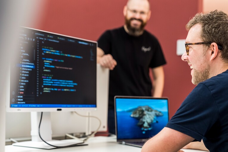 Software-Entwickler arbeiten als Team an der Weiterentwicklung unserer Plattform Ein IT-Mitarbeiter sitzt am Schreibtisch und guckt auf den Code, der auf dem Computerbildschirm angezeigt wird. Ein anderer Kollege steht freundlich daneben.