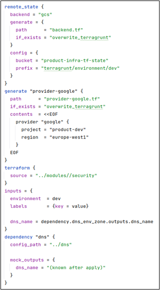 Figure 4: Terragrunt HCL File including configuration, properties and Terraform functionality