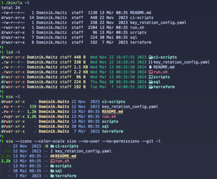 Output comparison for ls, lsd, eza and eza with additional options