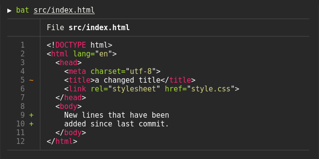Viewing an HTML file with bat, including syntax highlighting and Git integration